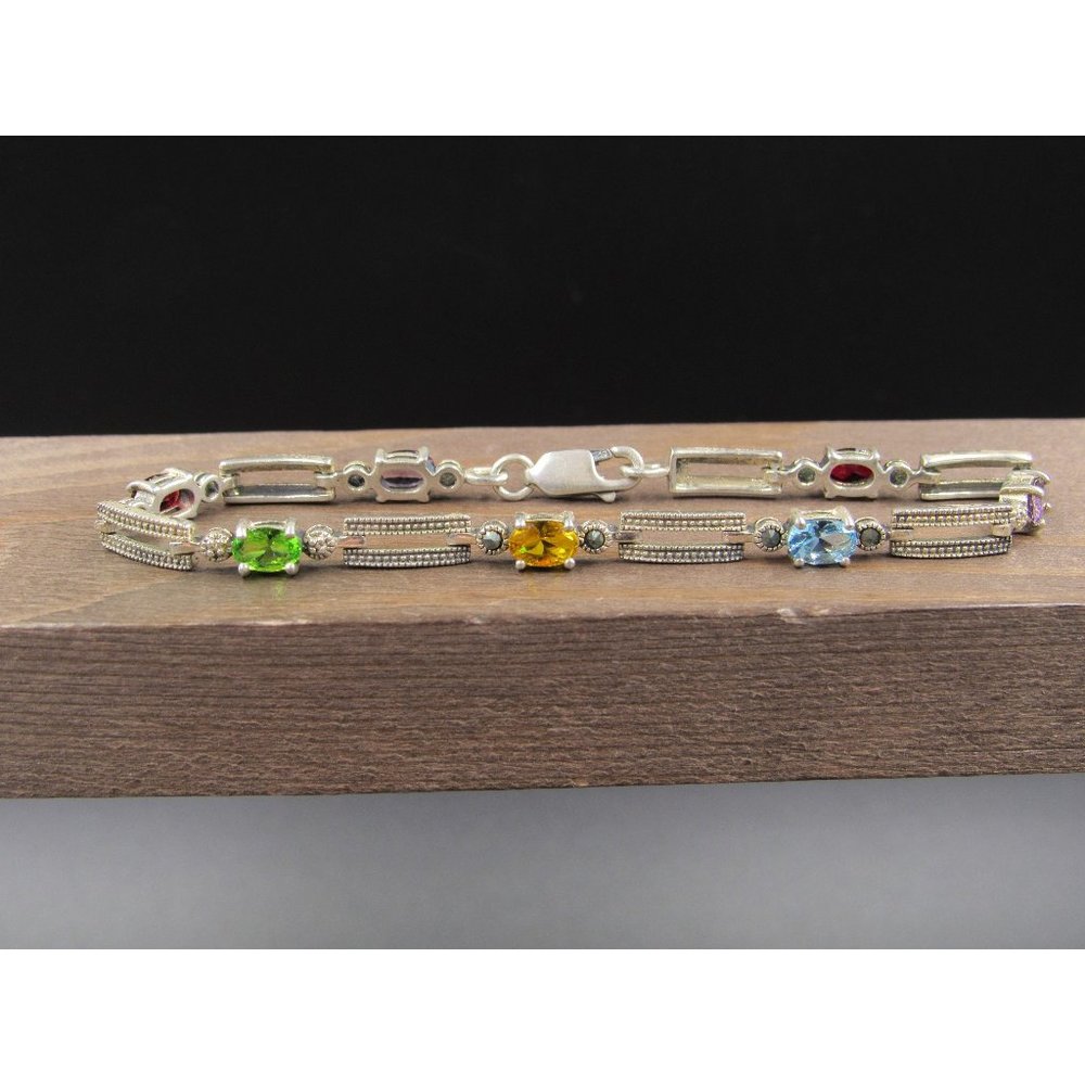 7" Sterling Silver Marcasite And Colored Glass Gems Bracelet Vintage Wedding